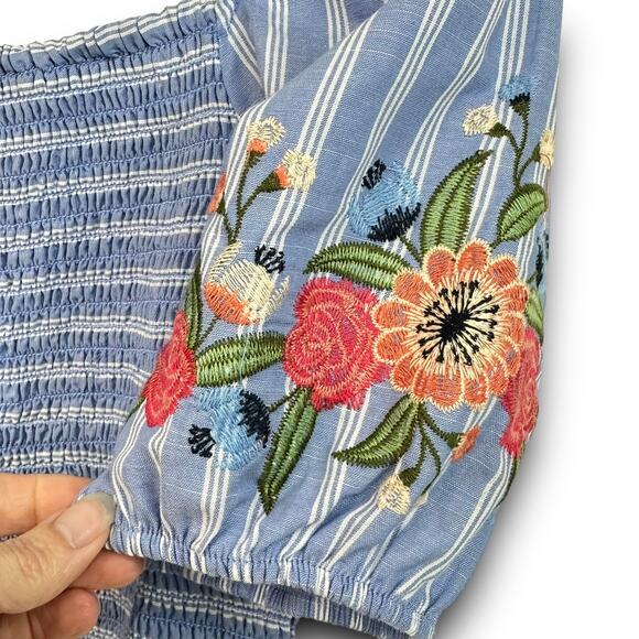 Womens Puff Sleeve Smocked Crop Top Embroidered Striped Blue White Size Small - Picture 2 of 4